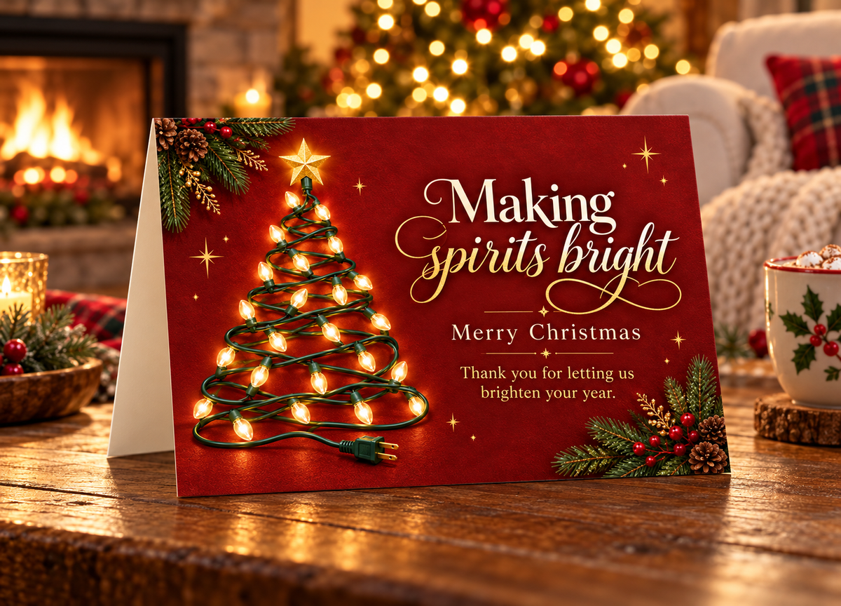 For Electricians :: Making Spirits Bright – Christmas Card with illuminated lights in the shape of a Christmas tree