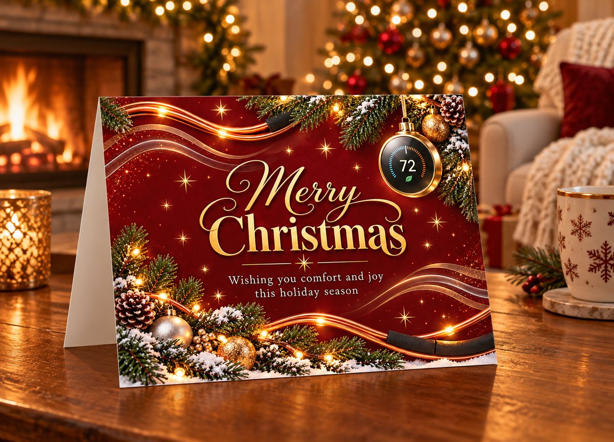 For HVAC Contractors :: Merry Christmas Greeting Cards – Burgundy & Gold Showing a Thermostat Ornament