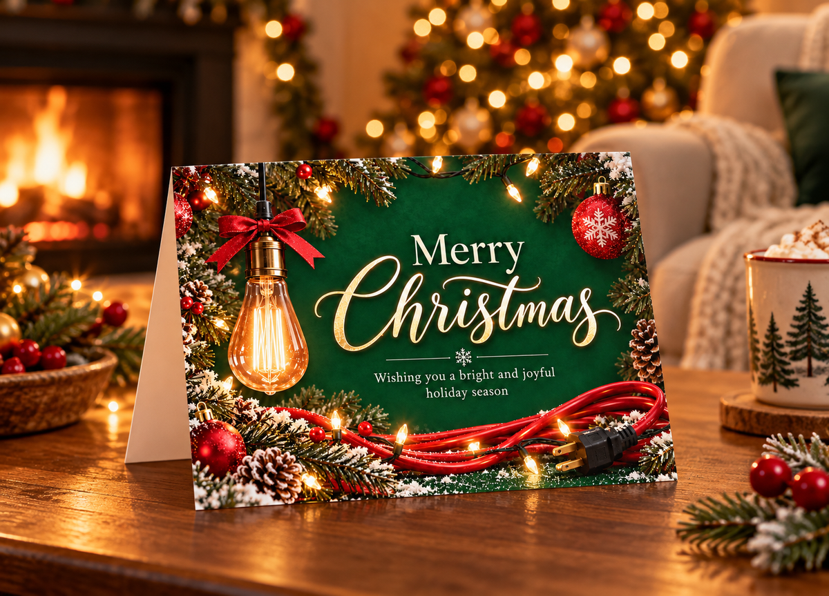 For Electricians :: Holiday Glow – Green Electrician's Christmas Card featuring and Edison Bulb as an Ornament