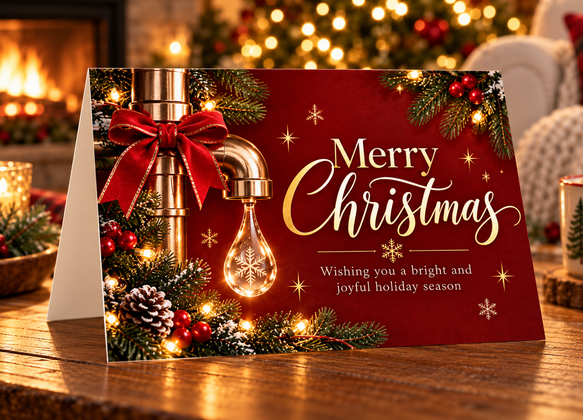 For Plumbers :: Festive Red folded Christmas card featuring a ribbon wrapped faucet and water droplet as an ornament