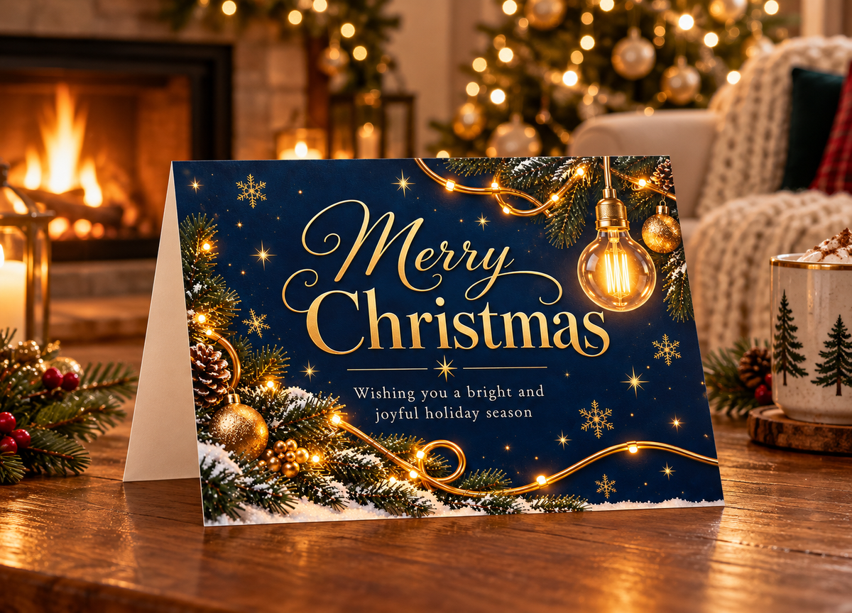 For Electricians :: Bright & Joyful – Navy and Gold Electrician Christmas Card with Illuminated Bulb as Ornament