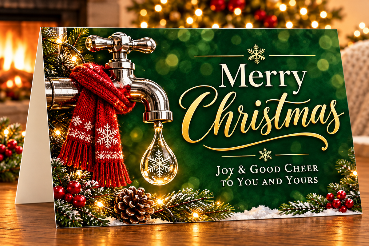 For Plumbers :: Festive Green folded Christmas card featuring a scarf wrapped faucet and water droplet as an ornament