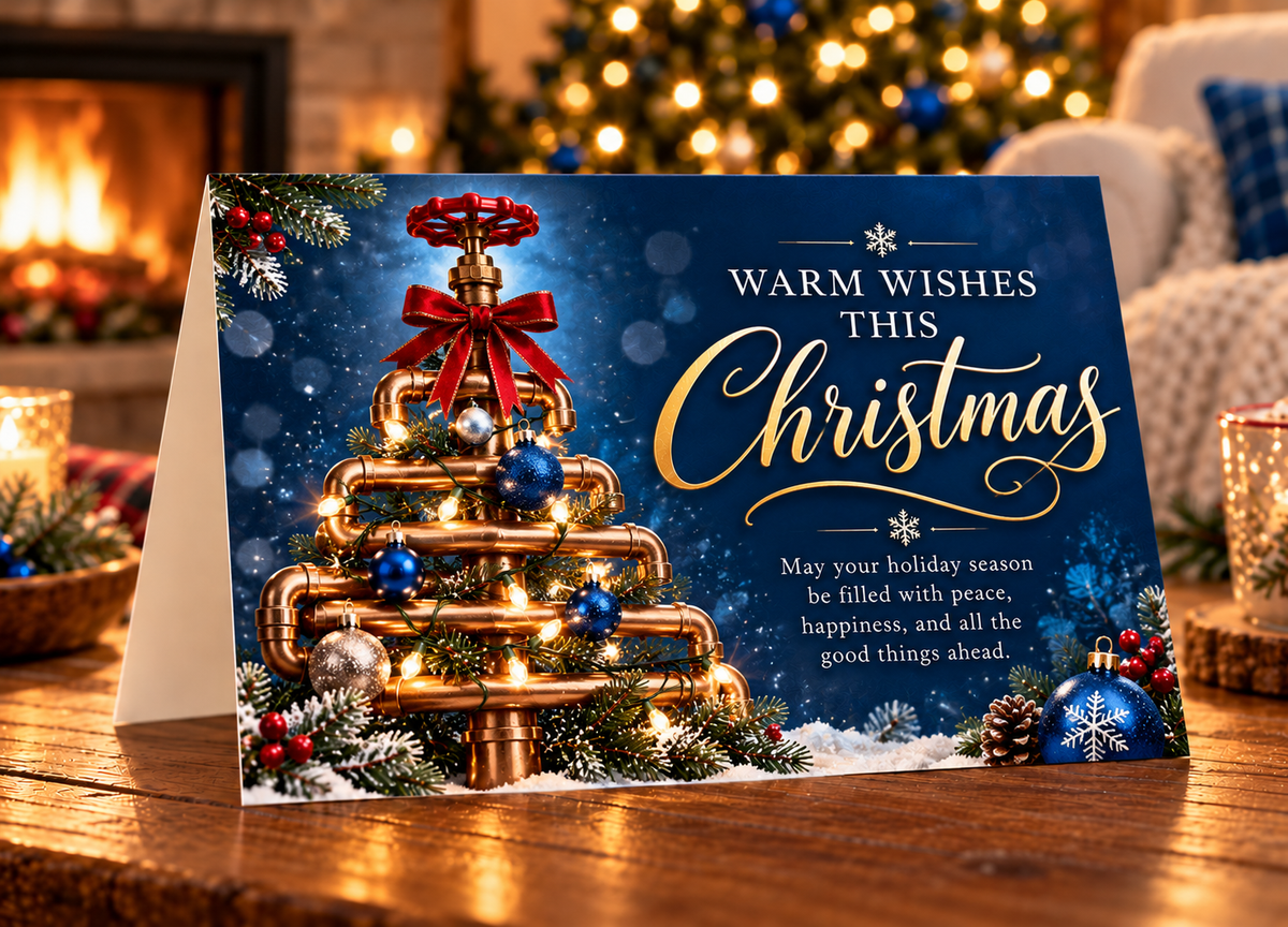 For Plumbers :: Beautiful Navy folded Christmas card featuring copper pipes forming a Christmas tree and topped with a red valve handle